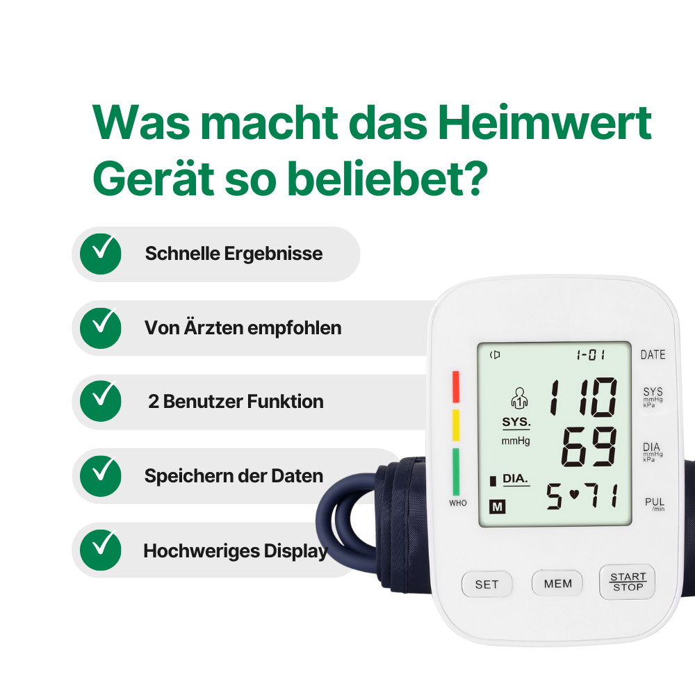 Blutdruckmessgerät mit digitalem Display / Mit komfortabler Manschette und Speicherfunktion / Blutdruck- und Pulsmessung