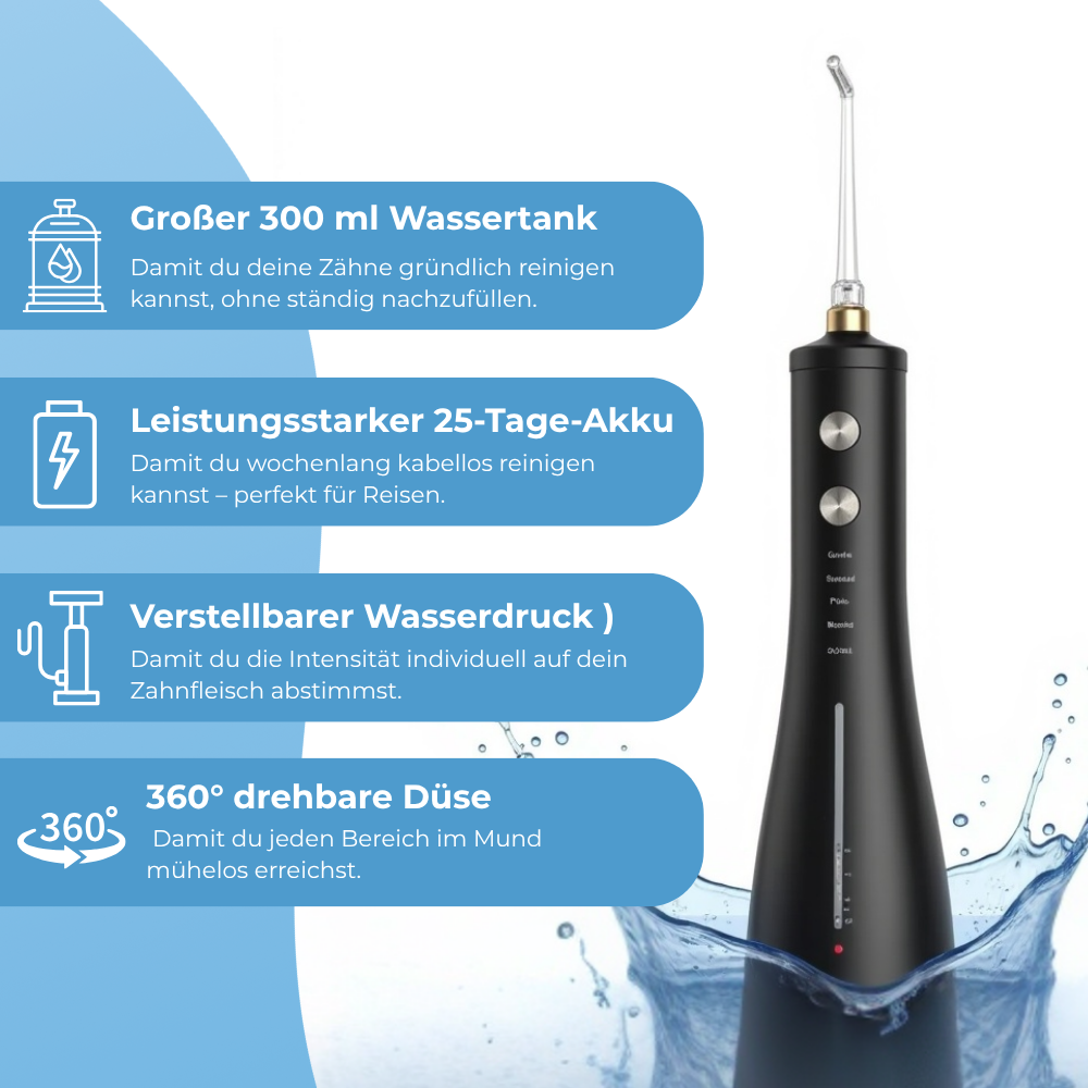 Kabellose Munddusche für effektive Zahn- & Zahnfleischpflege Mit 4 Modi & 4 Aufsätzen, 300 ml Wassertank, 30–120 PSI Wasserdruck und IPX7-Wasserschutz